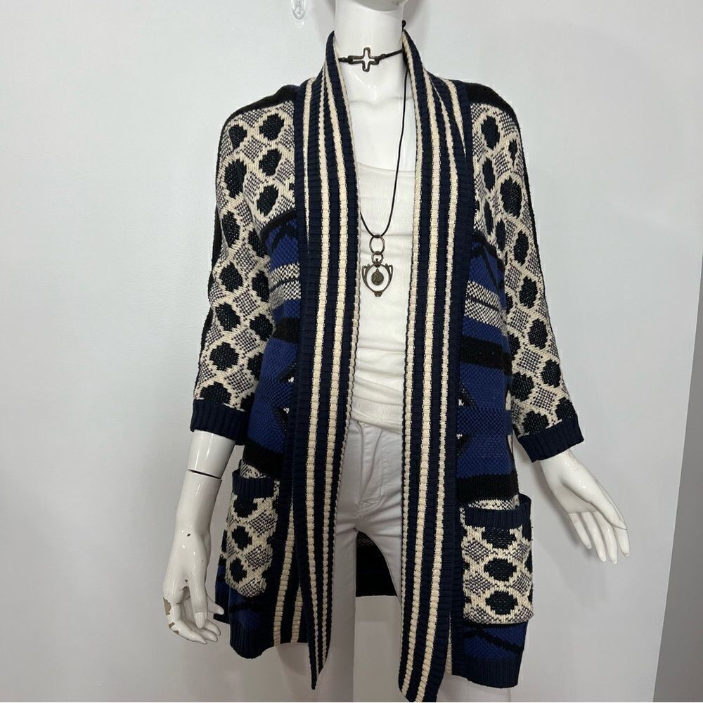Lucky Brand Blue/Black Open‎ Front Boho Cardigan - M - Picture 4 of 14